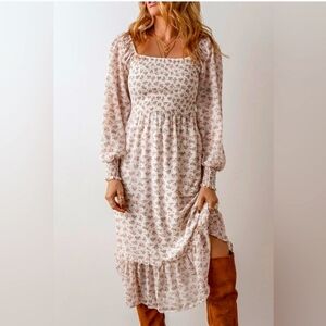 NEW Smocked Floral Square Neck Long Sleeve Midi Dress ~ Floral